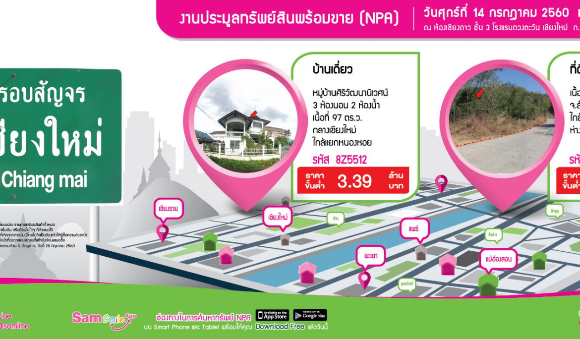 SAM เปิดพอร์ตทรัพย์ดีราคาโดนโซนภาคเหนือ เกือบ 350 รายการ มูลค่ารวมกว่า 580 ล้านบาท จัดประมูล NPA รอบพิเศษสัญจรเชียงใหม่ 14 ก.ค.60 นี้