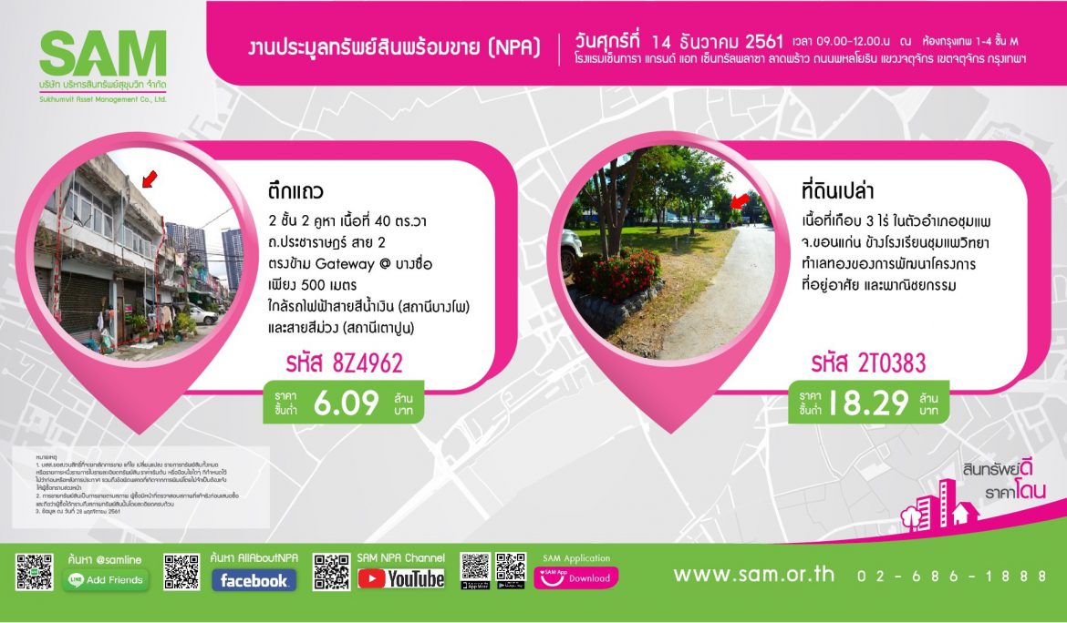 SAM จัดประมูลทรัพย์สิน NPA “ครึ่งวันนาทีทอง” ส่งท้ายปี 61 มูลค่าร่วมครึ่งพันล้าน นัดลูกค้ายื่นซอง 14 ธ.ค. ศกนี้ ก่อนปรับราคารับปีใหม่