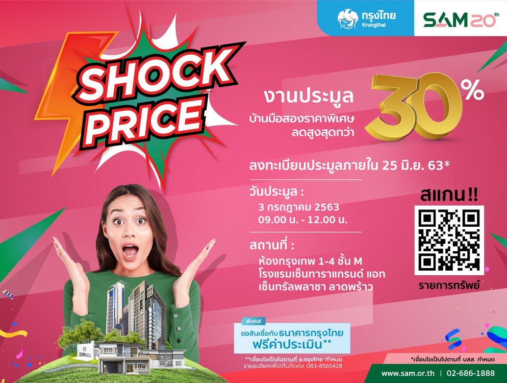SAM คัดทรัพย์ทำเลทองทั่วประเทศ จัดมหกรรม Shock Price ประมูลทรัพย์ NPA ครั้งยิ่งใหญ่กว่า 200 รายการ ปรับลดราคาสูงสุดถึง 30% พร้อมอัดโปรแรงทั้งฟรีทั้งแถม ดีเดย์เปิดประมูล 3 ก.ค.นี้ ที่โรงแรมเซ็นทาราแกรนด์ แอท เซ็นทรัลพลาซา ลาดพร้าว