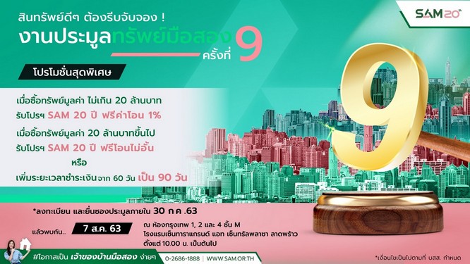 SAM เปิดประมูลทรัพย์ NPA ราคาพิเศษ! นัดเปิดซอง 7 สิงหาคมนี้  พร้อมอัดโปรยอดนิยม “SAM 20 ปี ฟรีค่าโอน”