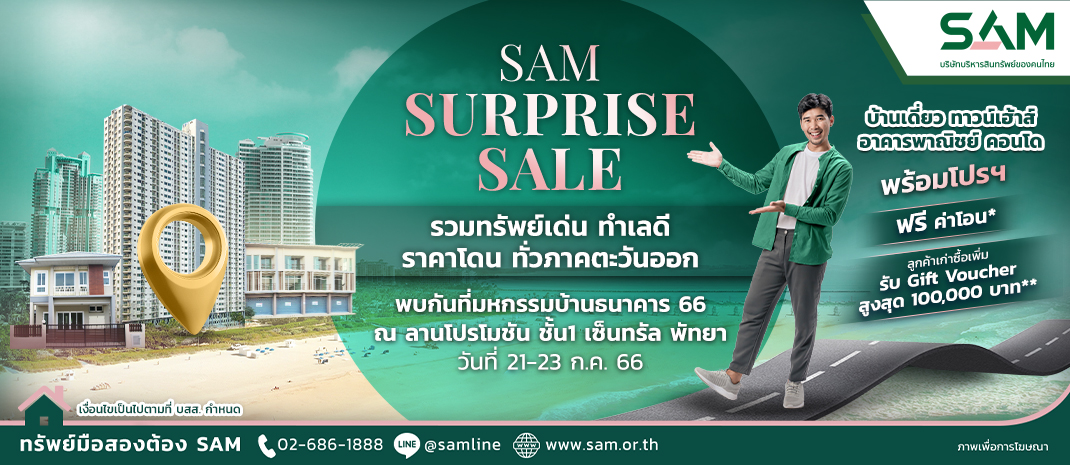 SAM บริษัทบริหารสินทรัพย์ของคนไทย เจาะตลาด “อีอีซี” นำทรัพย์มือสองกว่า 100 รายการ ในพื้นที่ ชลบุรี ระยอง ฉะเชิงเทรา และปราจีนบุรี ร่วมงาน “มหกรรมบ้านธนาคาร 66” ที่เซ็นทรัล พัทยา พร้อมโปรโมชันสุดคุ้ม อาทิ SAM Surprise Sale ลดสูงสุด 20% ฟรี! โอนไม่อั้น และฟรี! โอนคนละครึ่ง เริ่ม 21-23 ก.ค.นี้
