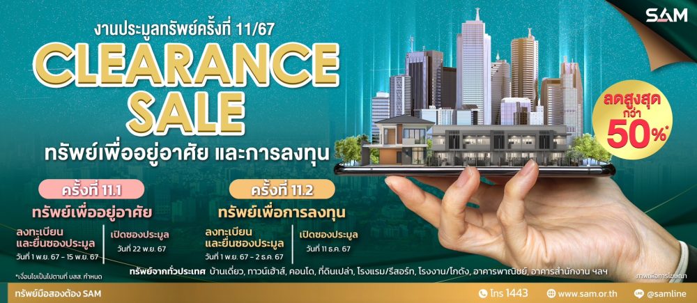 SAM จัด Clearance Sale ครั้งใหญ่ส่งท้ายปี ลดกระหน่ำสูงสุดมากกว่า 50% นำทรัพย์ดีทำเลเด่นทั่วประเทศ ทั้งเพื่ออยู่อาศัยและลงทุนกว่า 370 รายการ มูลค่ารวมเกือบ 1,500 ลบ. เปิดประมูล 2 รอบ 22 พ.ย.และ 11 ธ.ค.นี้