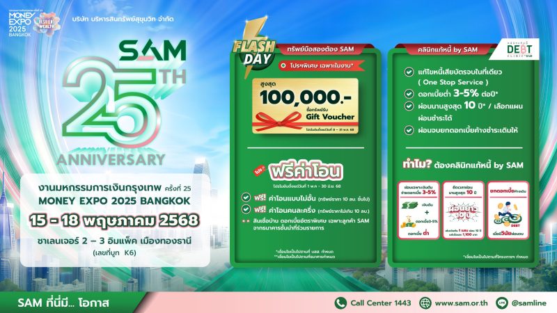 SAM ฉลอง 25 ปี “ส่งมอบโอกาสเพื่อคนไทย เริ่มต้นใหม่อย่างยั่งยืน” จัดโปรฯ หนัก งาน “มันนี่ เอ็กซ์โป 2025” ขนทรัพย์มือสองกว่า 4,000 รายการเข้าร่วม  แจก Gift Voucher มูลค่าสูงสุด 1 แสนบาท พร้อมมาตรการพิเศษช่วยปรับหนี้ลูกค้า NPL และ “คลินิกแก้หนี้ by SAM”