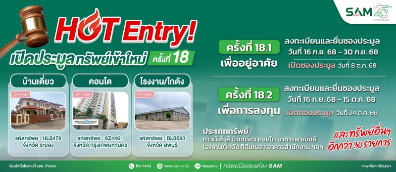 SAM เปิดประมูลทรัพย์มือสองทำเลดีทั่วไทย กว่า 447 ลบ. ไฮไลท์เด่นโรงงาน/โกดังขนาดใหญ่ลพบุรี เกือบ 150 ไร่ พร้อมทรัพย์เพื่อที่อยู่อาศัยราคาดีอีกมากมาย