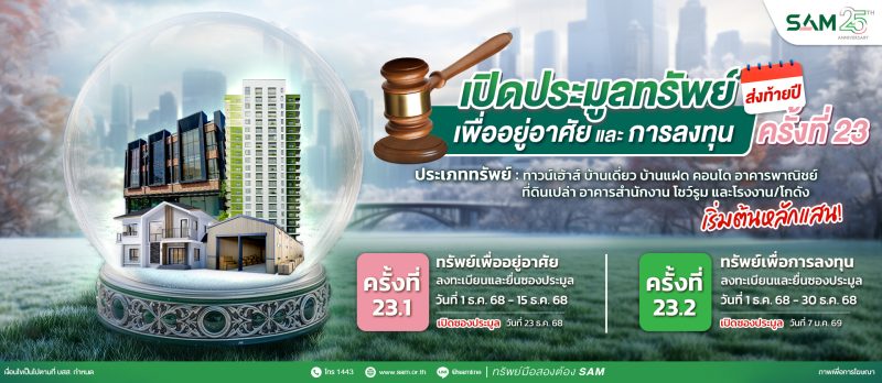 SAM เปิดประมูลทรัพย์ NPA เพื่อการลงทุนและอยู่อาศัย ราคาดี ทำเลเด่น ส่งท้ายปี 68 มูลค่ารวมเกือบ 300 ลบ.